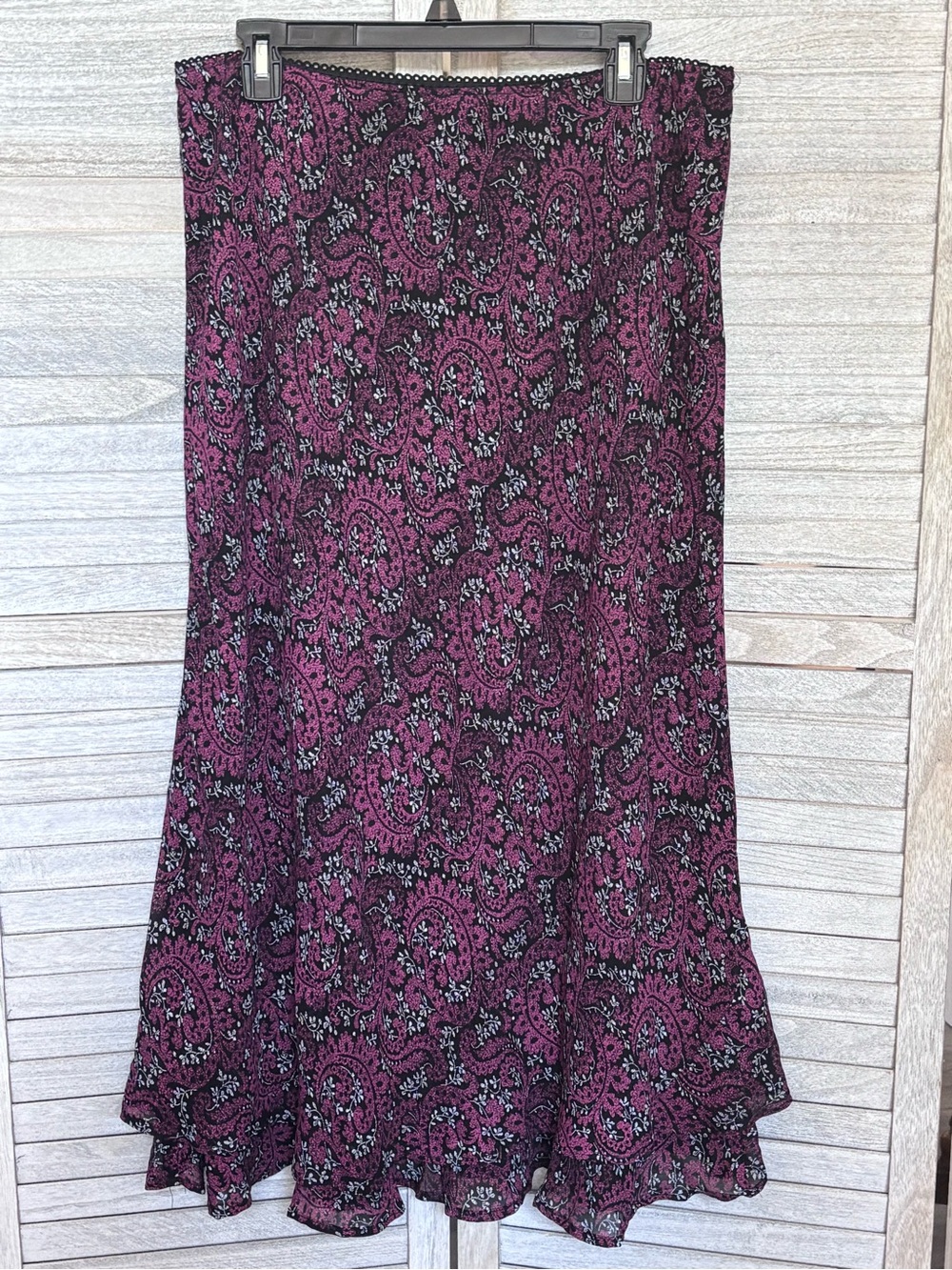 Charming Pink/Raspberry/Black Paisley Tiered Ruffle StretchWaist MidiSkirt SZ14
